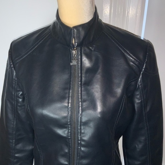 Vintage Emporio Armani Collezione Navy Faux Leather Biker/Moto Jacket Size Med - Picture 2 of 15
